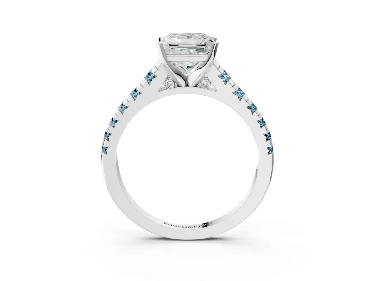 Princess Cut Diamond Cathedral Solitaire Ring with Round Aquamarine Pavé Band Silver