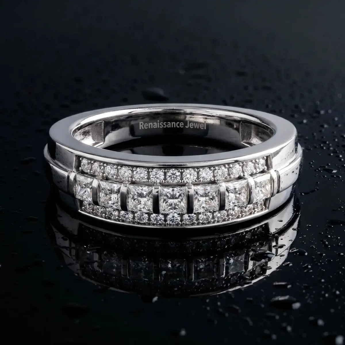 Bar-Set Princess Cut Diamond Pavé Band White gold