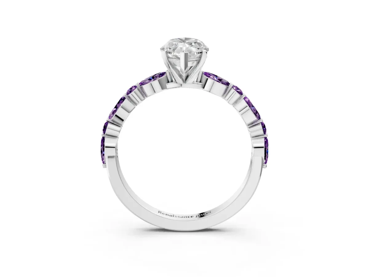 Marquise Cut Diamond Ring with Marquise and Round Amethyst Side Stones and Four-Prong Setting Silver