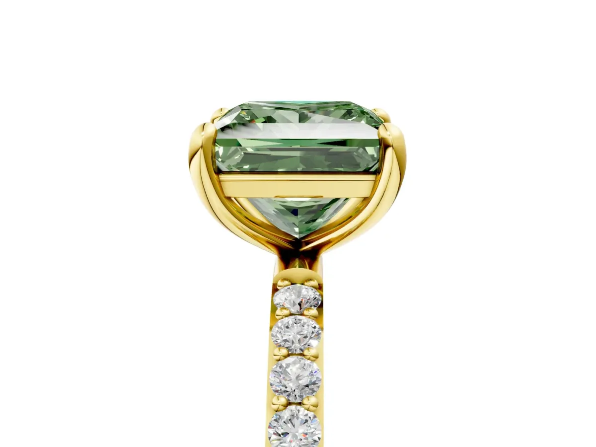Fancy Green Princess Cut Diamond Solitaire Ring with Round Pavé Band and Prong Setting Yellow gold
