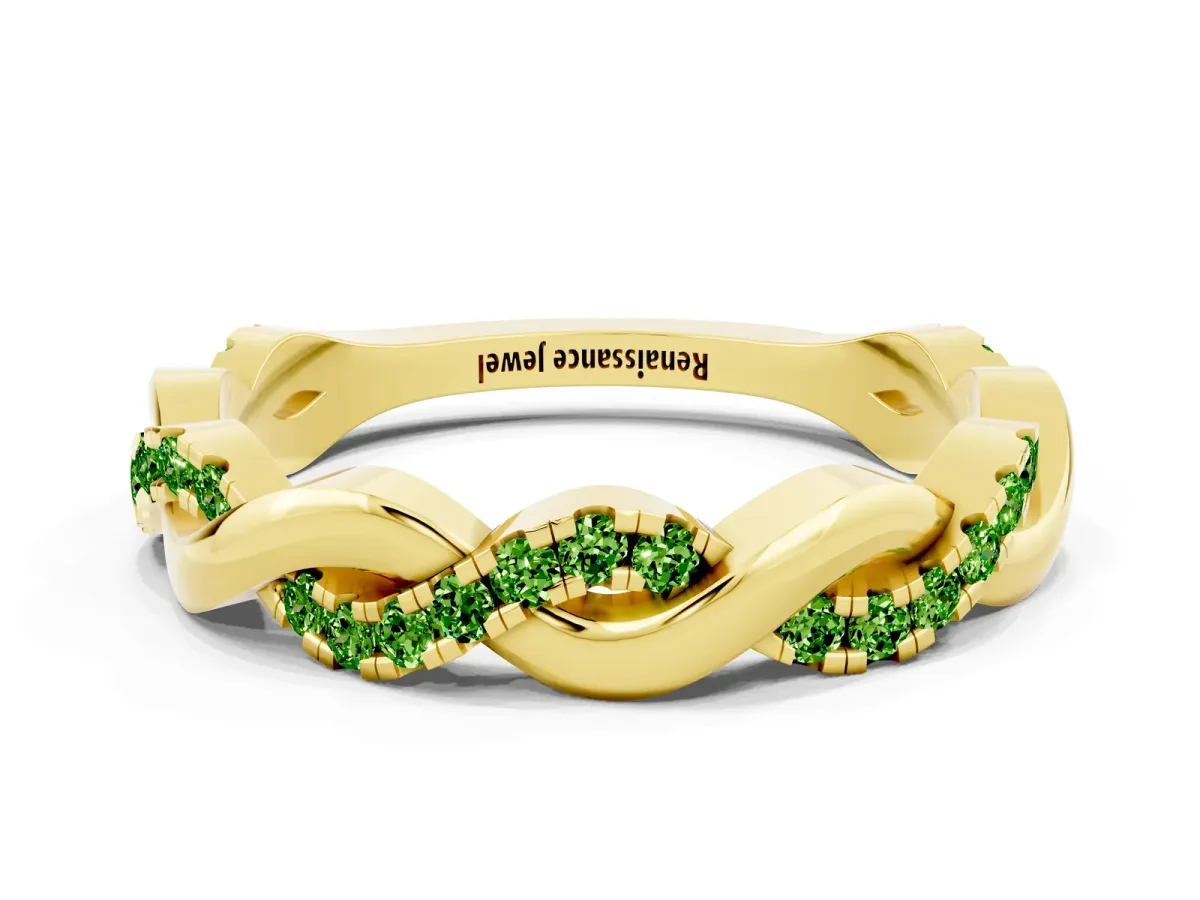 Pavé Round Peridot Twist Eternity Band with Shared Prong Setting Yellow gold