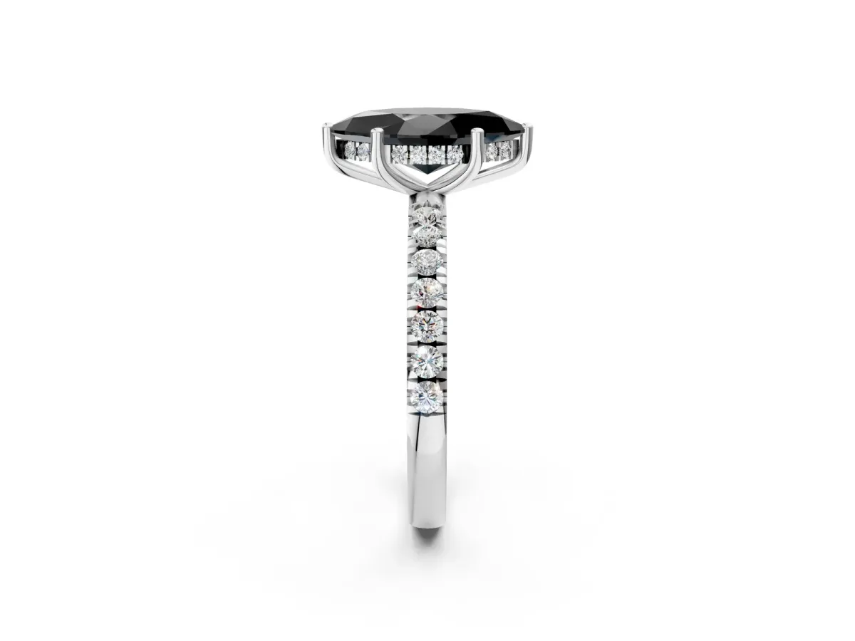 Fancy Black Marquise Cut Diamond Pave Band Solitaire Ring with Round and Prong Setting Silver