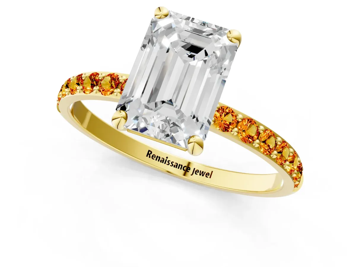 Emerald Cut Diamond Solitaire Ring with Round Citrine Pavé Band and Prong Setting Yellow gold