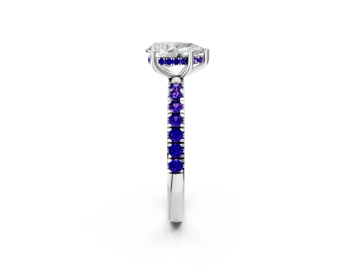 Pear Cut Diamond Pave Band Solitaire Ring with Round Tanzanite and Prong Setting White gold