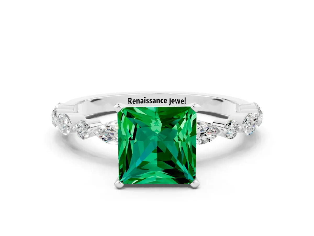 Princess Cut Emerald Ring with Marquise and Round Side Stones and Four-Prong Setting Silver