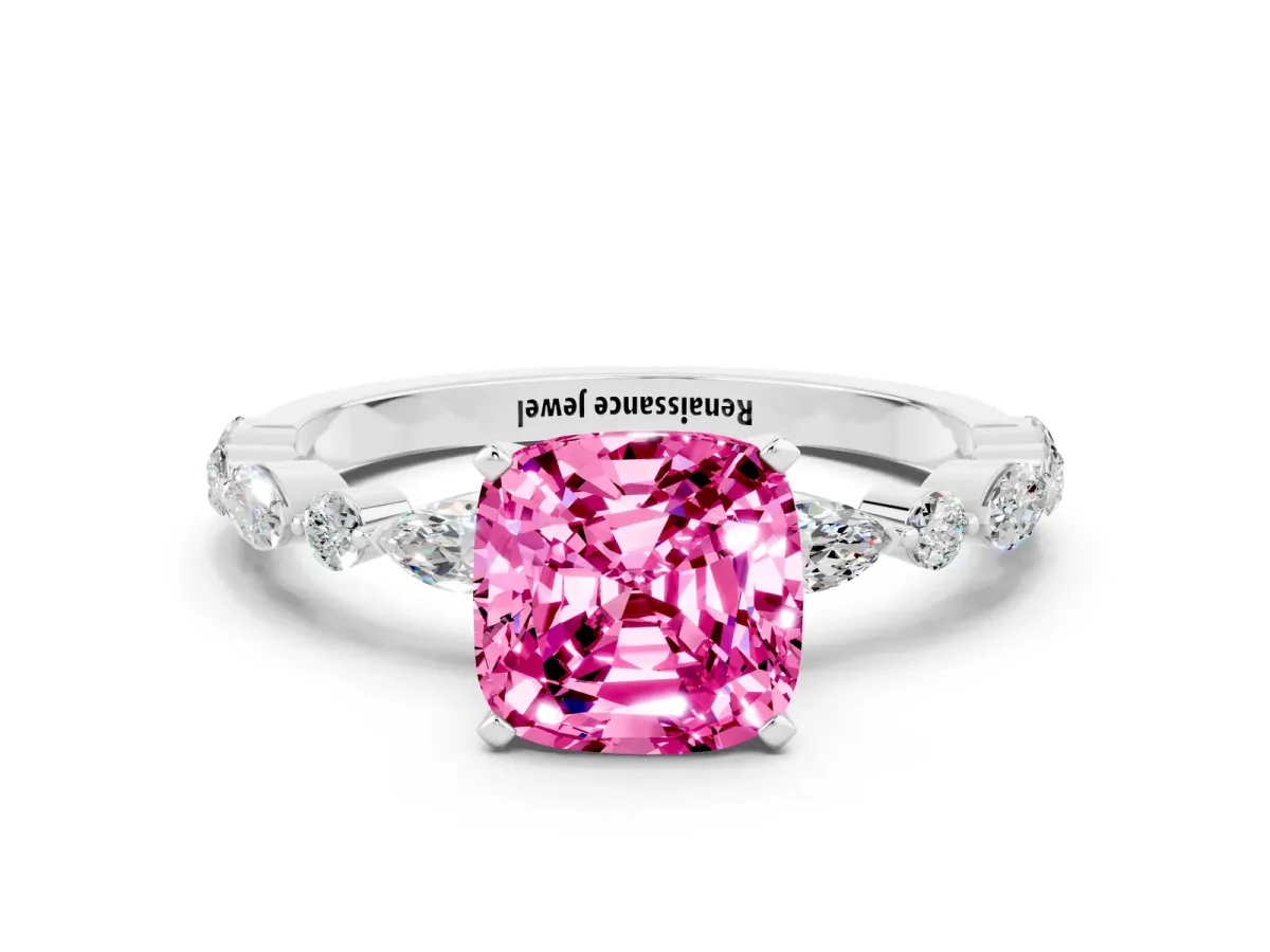 Cushion Cut Pink Sapphire Ring with Marquise and Round Side Stones and Four-Prong Setting Silver