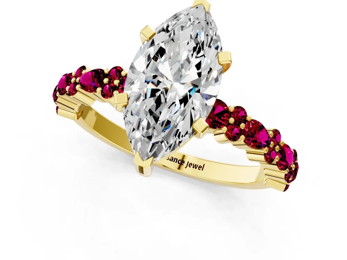 Marquise Cut Diamond Side Stone Solitaire Ring with Round Garnet and Four-Prong Setting Yellow gold
