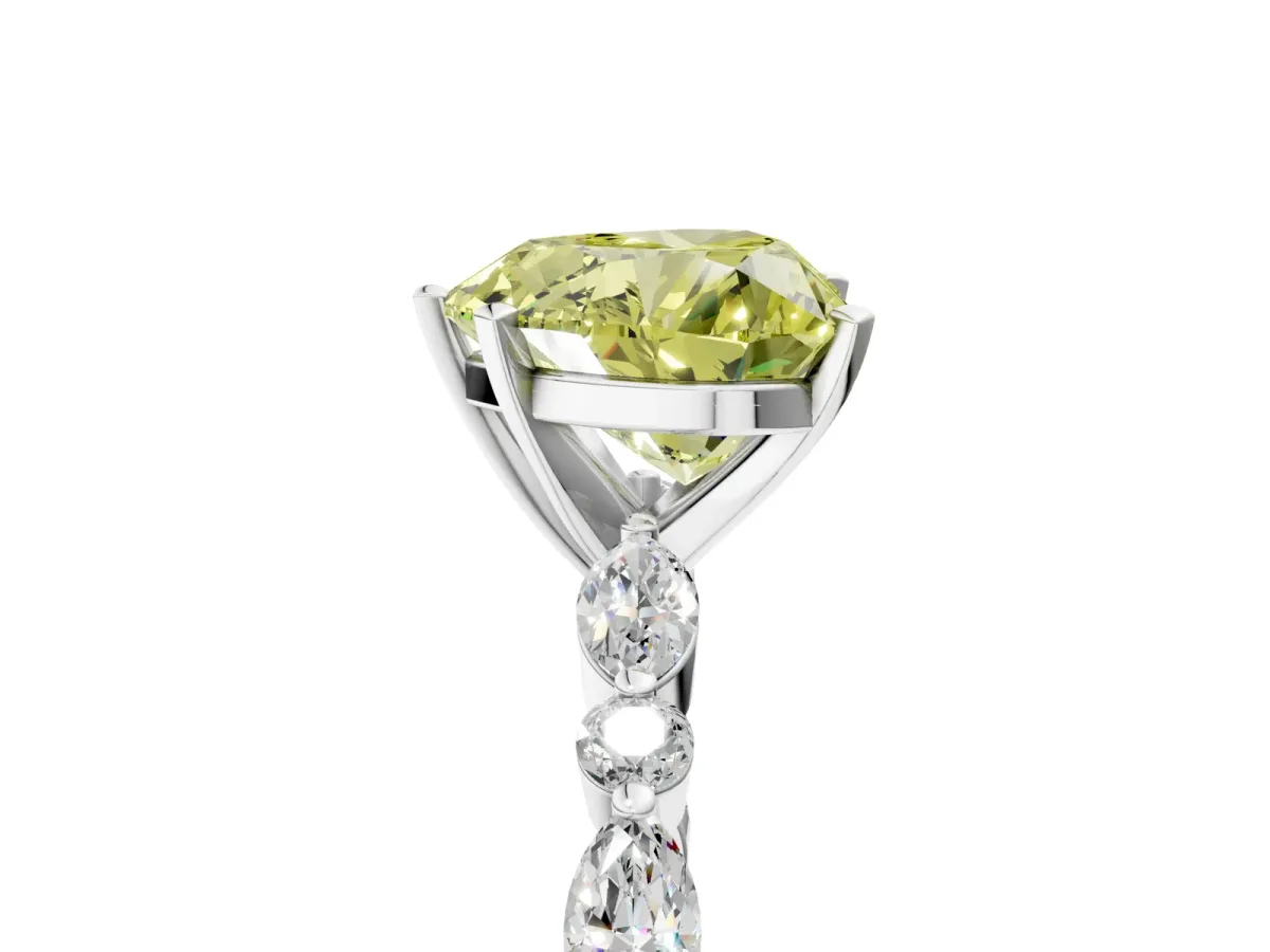 Fancy Yellow Heart Cut Diamond Ring with Marquise and Round Side Stones and Four-Prong Setting Silver