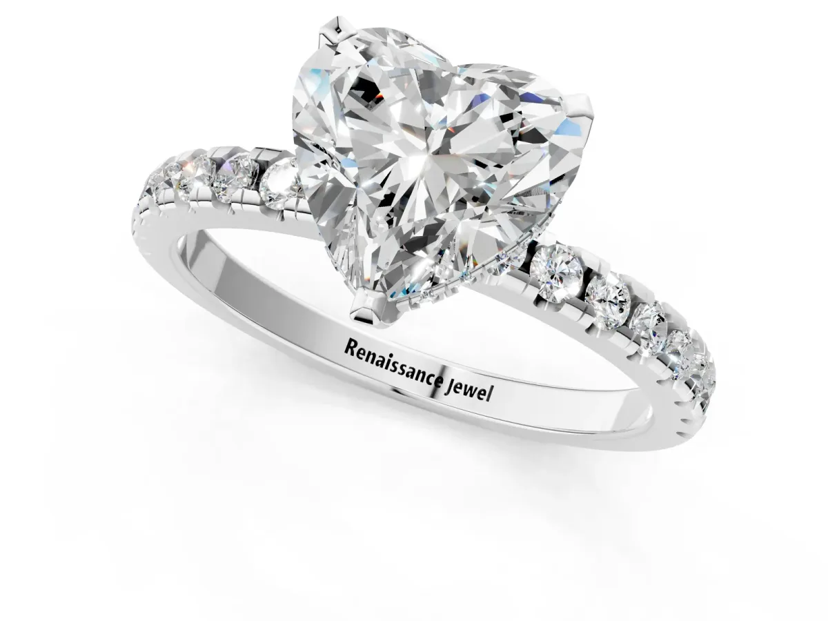 Heart Cut Diamond Solitaire Ring with Round Pavé Band and Four-Prong Setting Platinum
