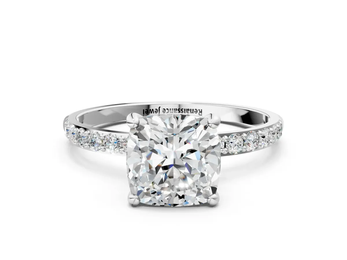 Cushion Cut Diamond Solitaire Ring with Round Moissanite Pavé Band and Prong Setting Silver
