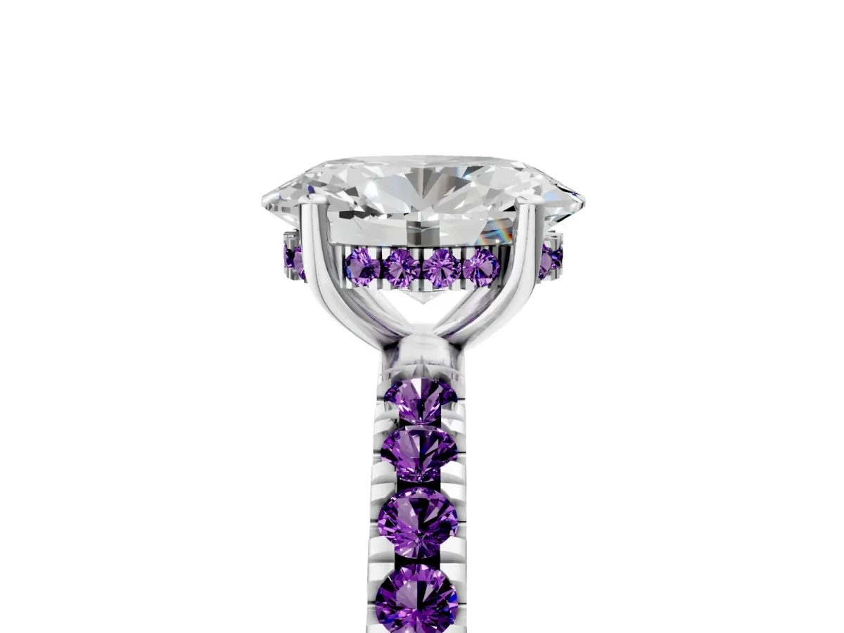Oval Cut Diamond Pave Band Solitaire Ring with Round Amethyst and Prong Setting Platinum