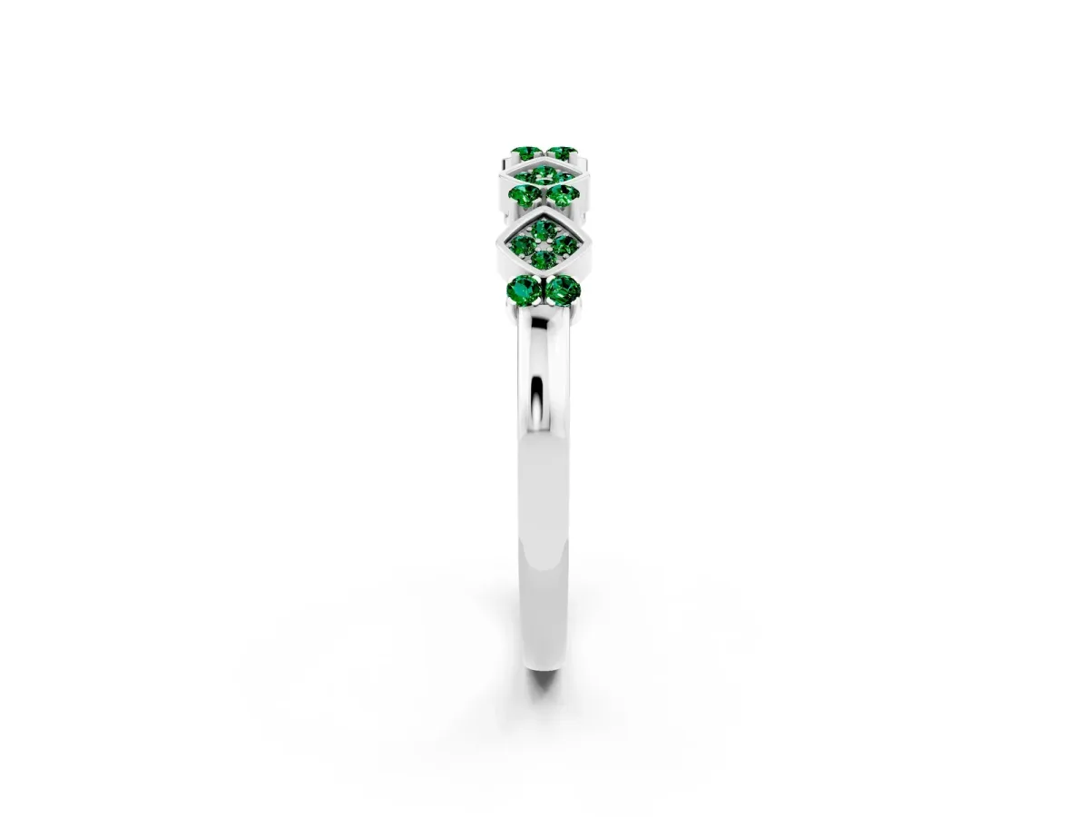 Pavé Cushion Emerald Cluster Eternity Band with Prong Setting Silver