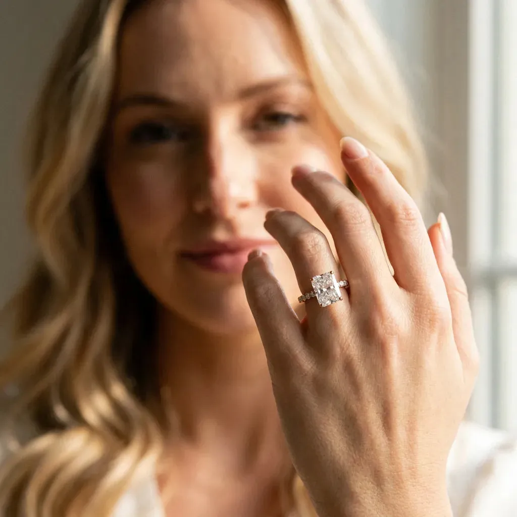 Radiant Cut Diamond Pave Band Solitaire Ring with Round and Prong Setting Rose gold