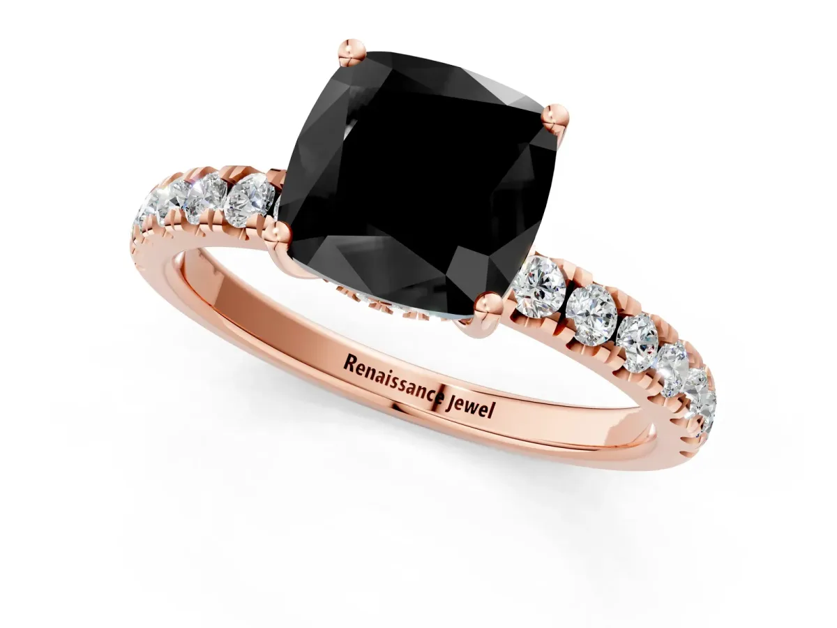 Fancy Black Cushion Cut Diamond Pave Band Solitaire Ring with Round and Prong Setting Rose gold