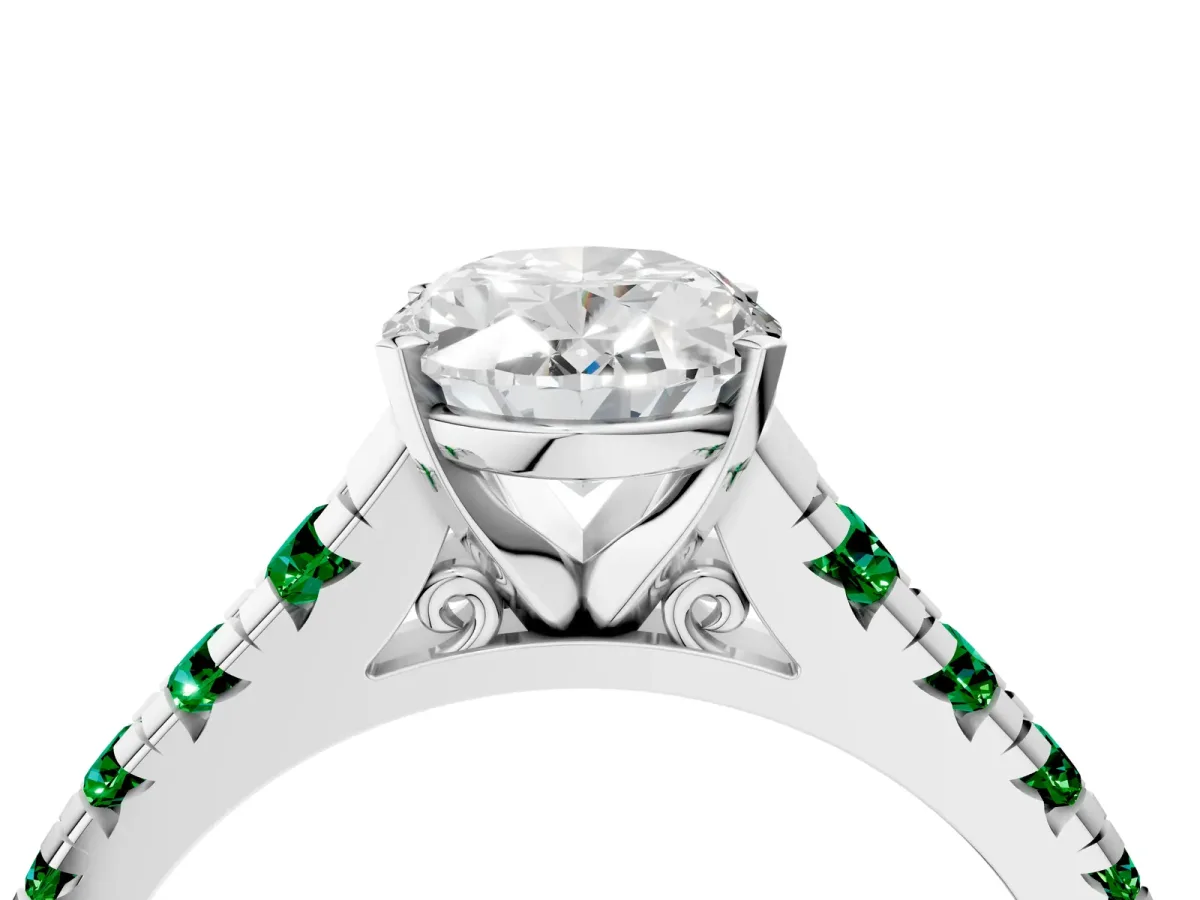 Oval Cut Diamond Cathedral Solitaire Ring with Round Emerald Pavé Band White gold