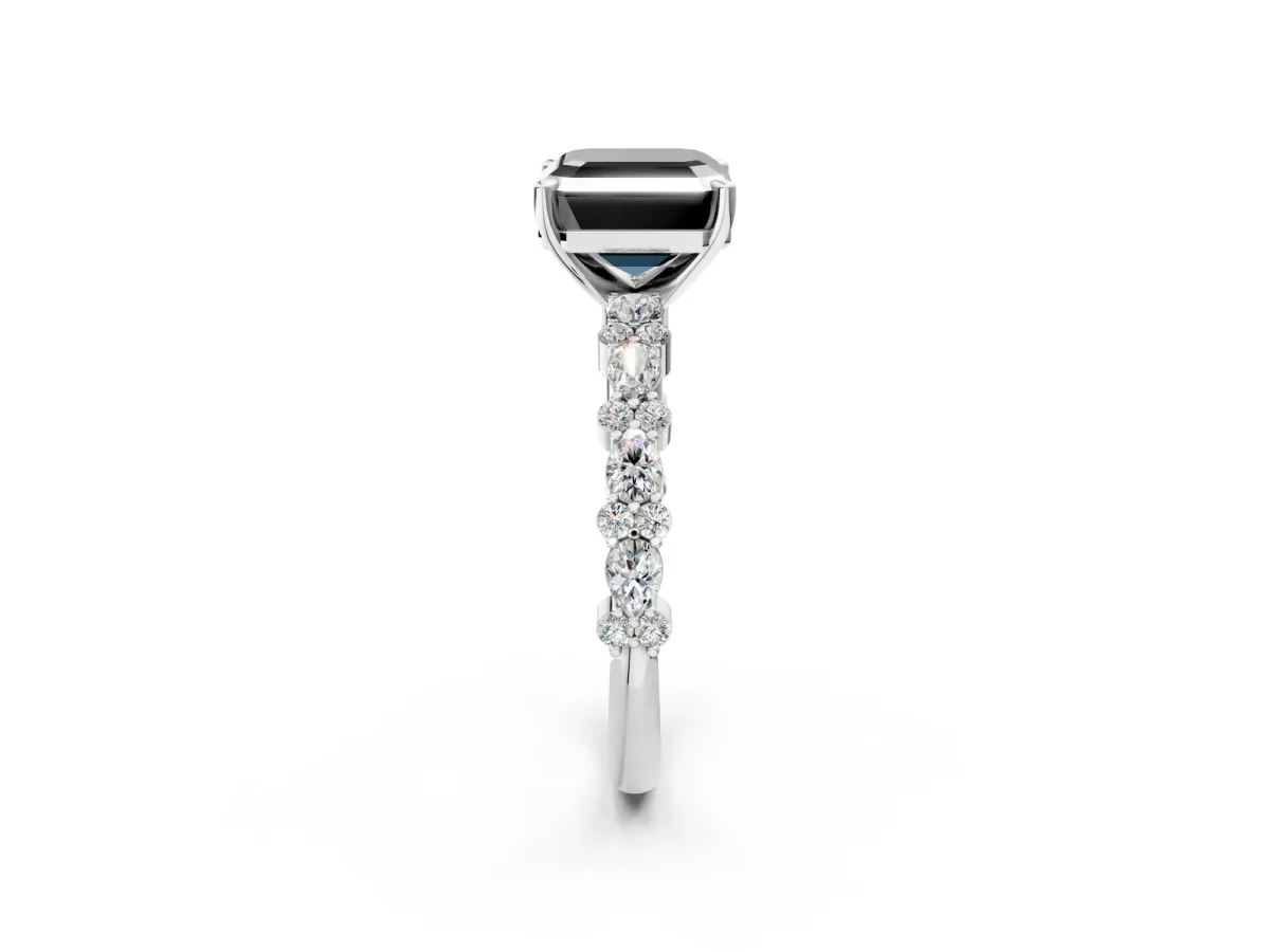 Fancy Black Asscher Cut Diamond Side Stone Solitaire Ring with Round and Four-Prong Setting White gold