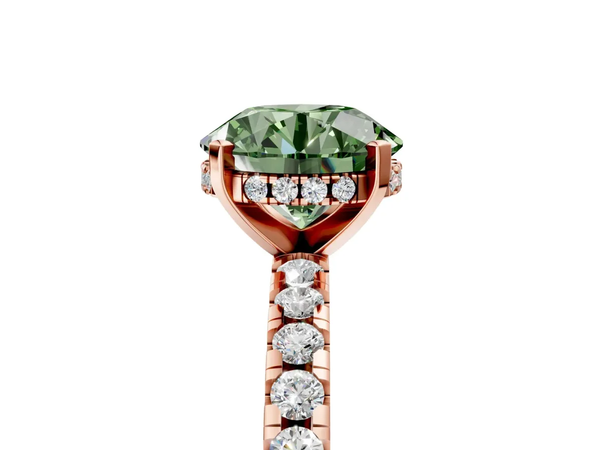 Fancy Green Round Cut Diamond Solitaire Ring with Round Pavé Band and Four-Prong Setting Rose gold