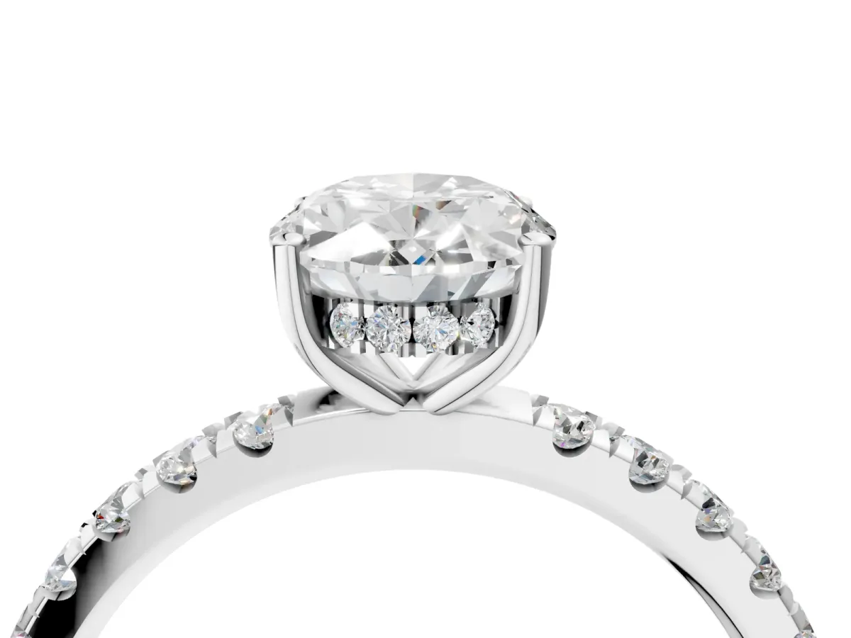 Oval Cut Diamond Pave Band Solitaire Ring with Round and Prong Setting White gold