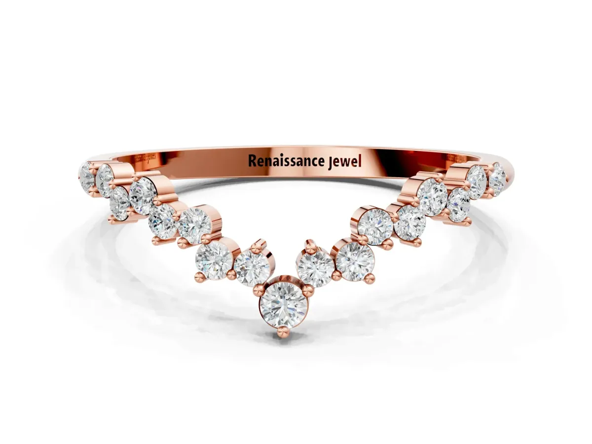 V-Shaped Diamond Cluster Curved Band with Round Brilliant Cut Stones and Prong Setting Rose gold