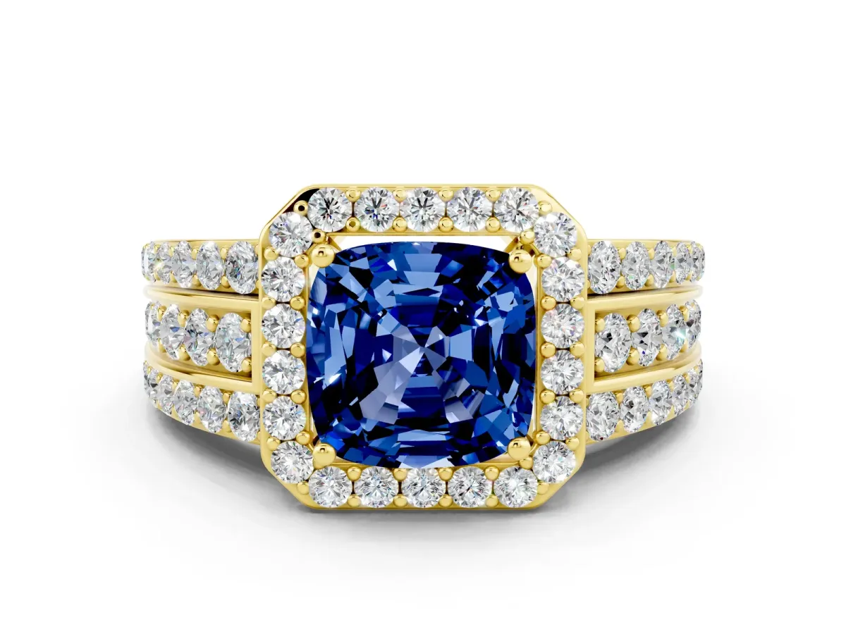 Cushion Cut Halo Blue Sapphire Ring with Round Split Shank and Prong Setting Yellow gold