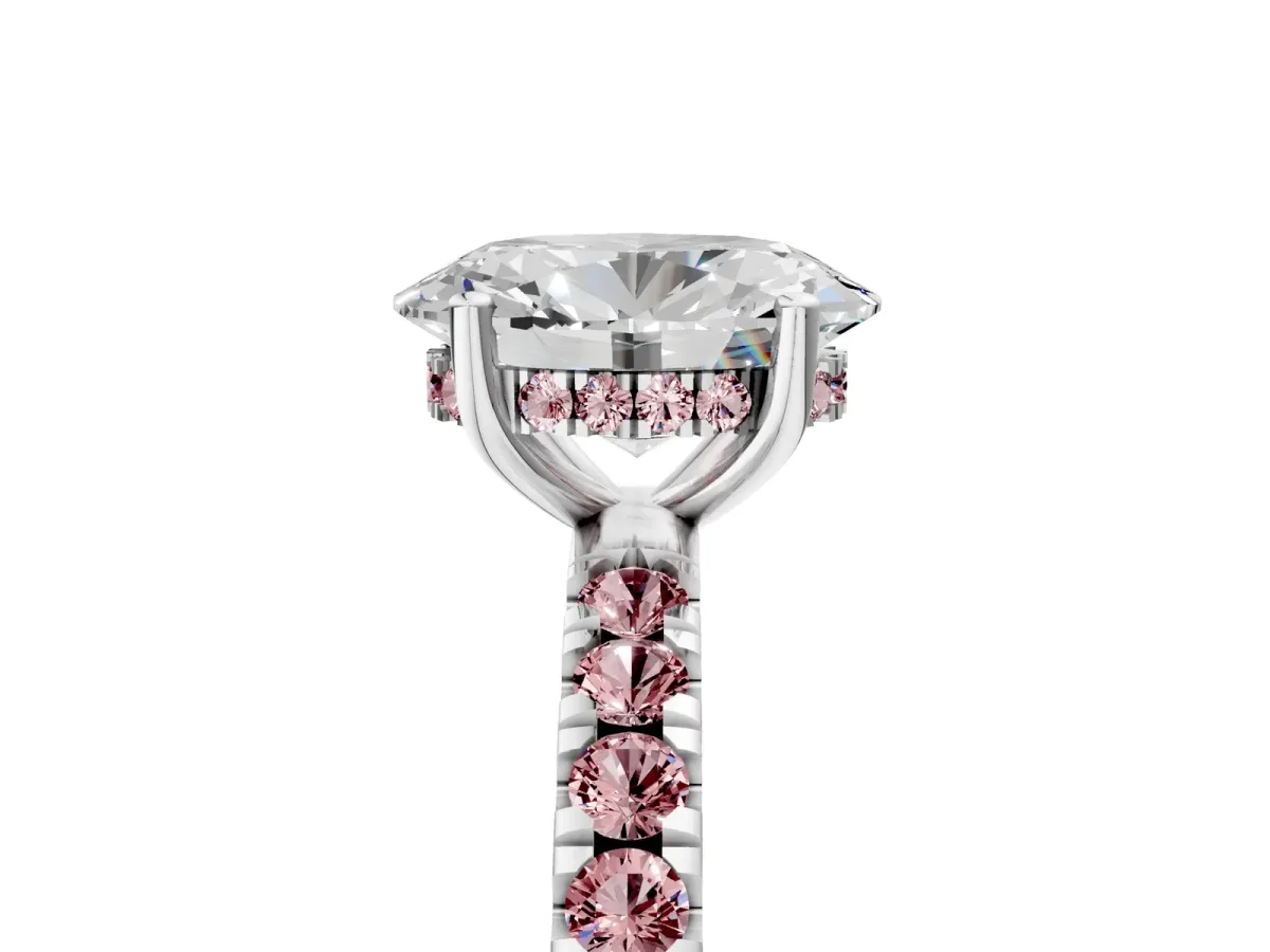 Oval Cut Diamond Pave Band Solitaire Ring with Round Morganite and Prong Setting White gold