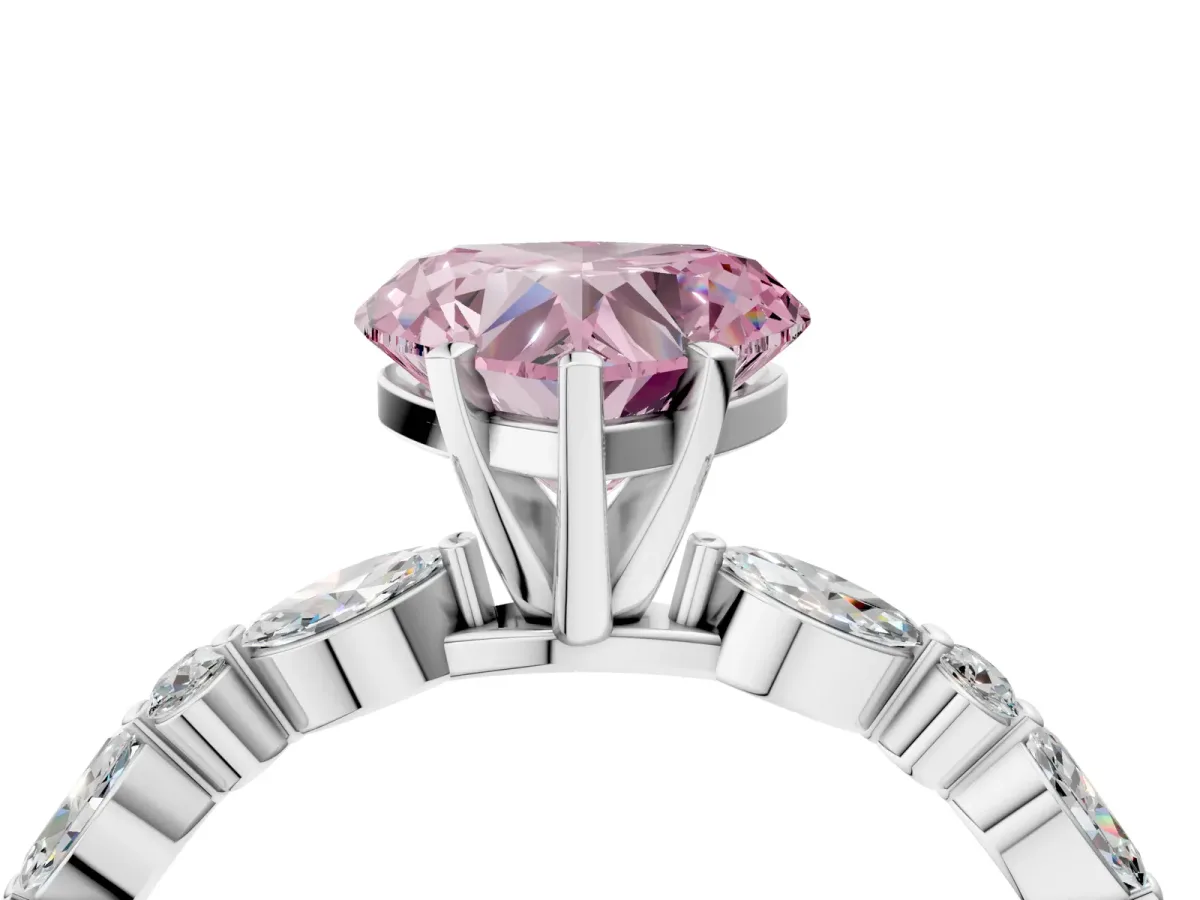 Fancy Pink Heart Cut Diamond Ring with Marquise and Round Side Stones and Four-Prong Setting Silver