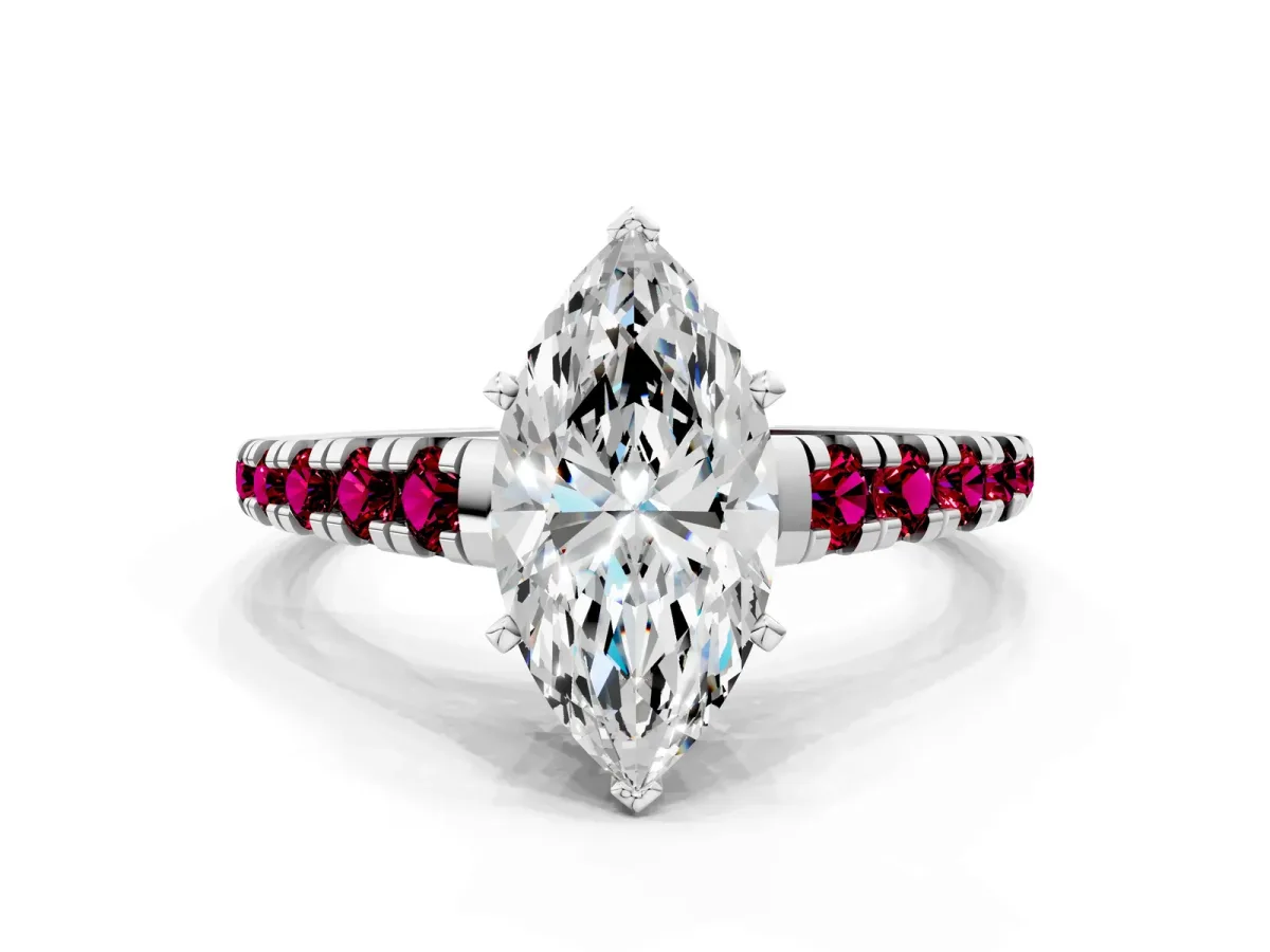 Marquise Cut Diamond Cathedral Solitaire Ring with Round Garnet Pavé Band Platinum