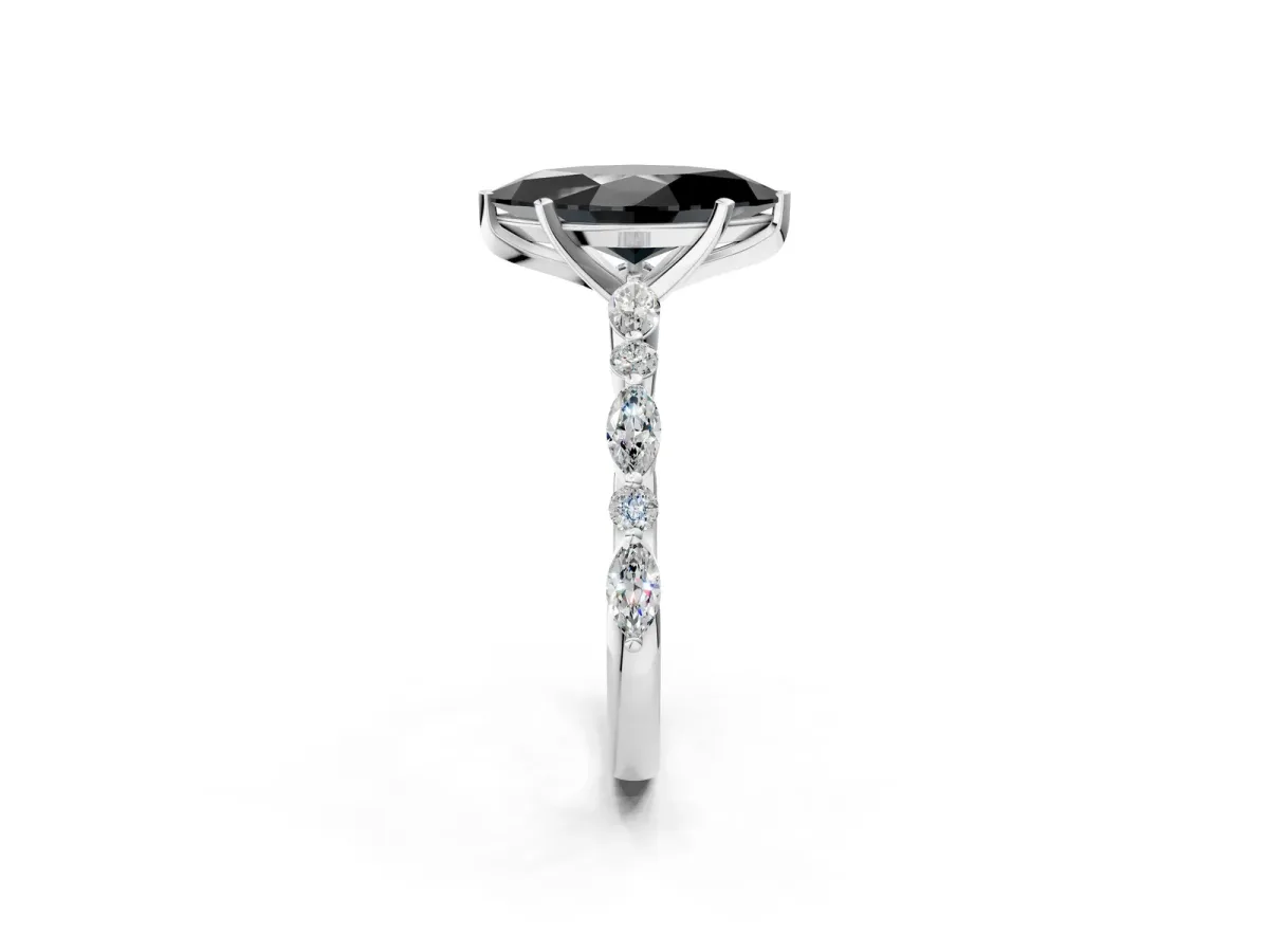Fancy Black Marquise Cut Diamond Ring with Marquise and Round Side Stones and Four-Prong Setting Silver