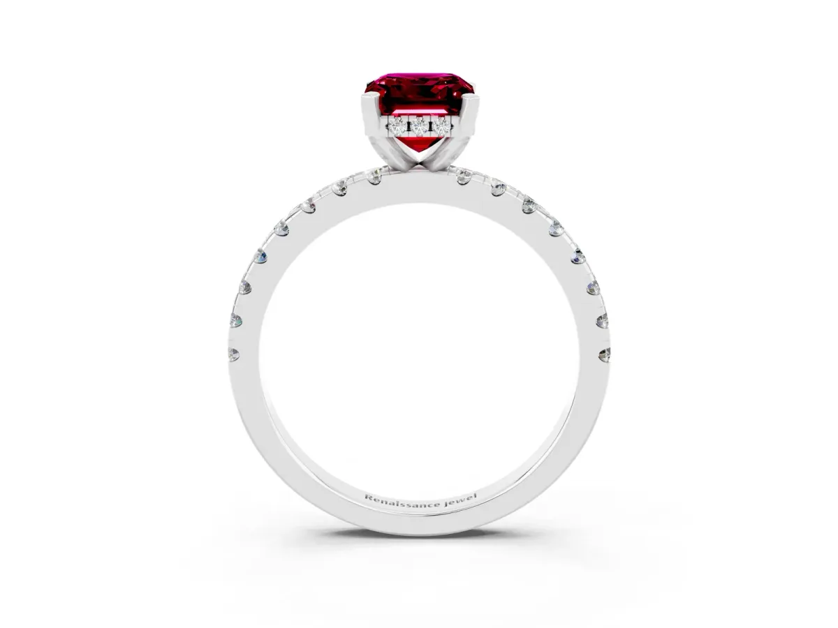 Emerald Cut Garnet Solitaire Ring with Round Pavé Band and Four-Prong Setting White gold