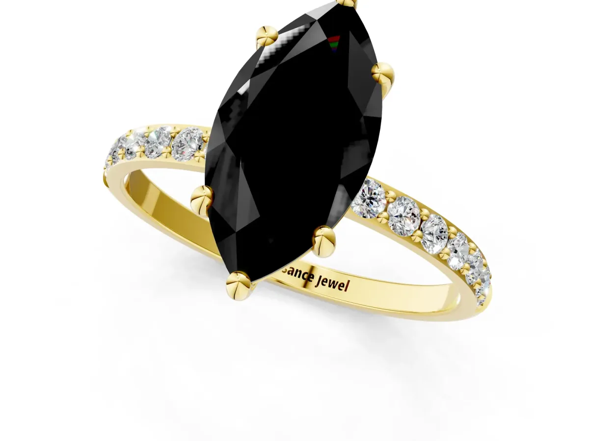 Fancy Black Marquise Cut Diamond Solitaire Ring with Round Pavé Band and Prong Setting Yellow gold