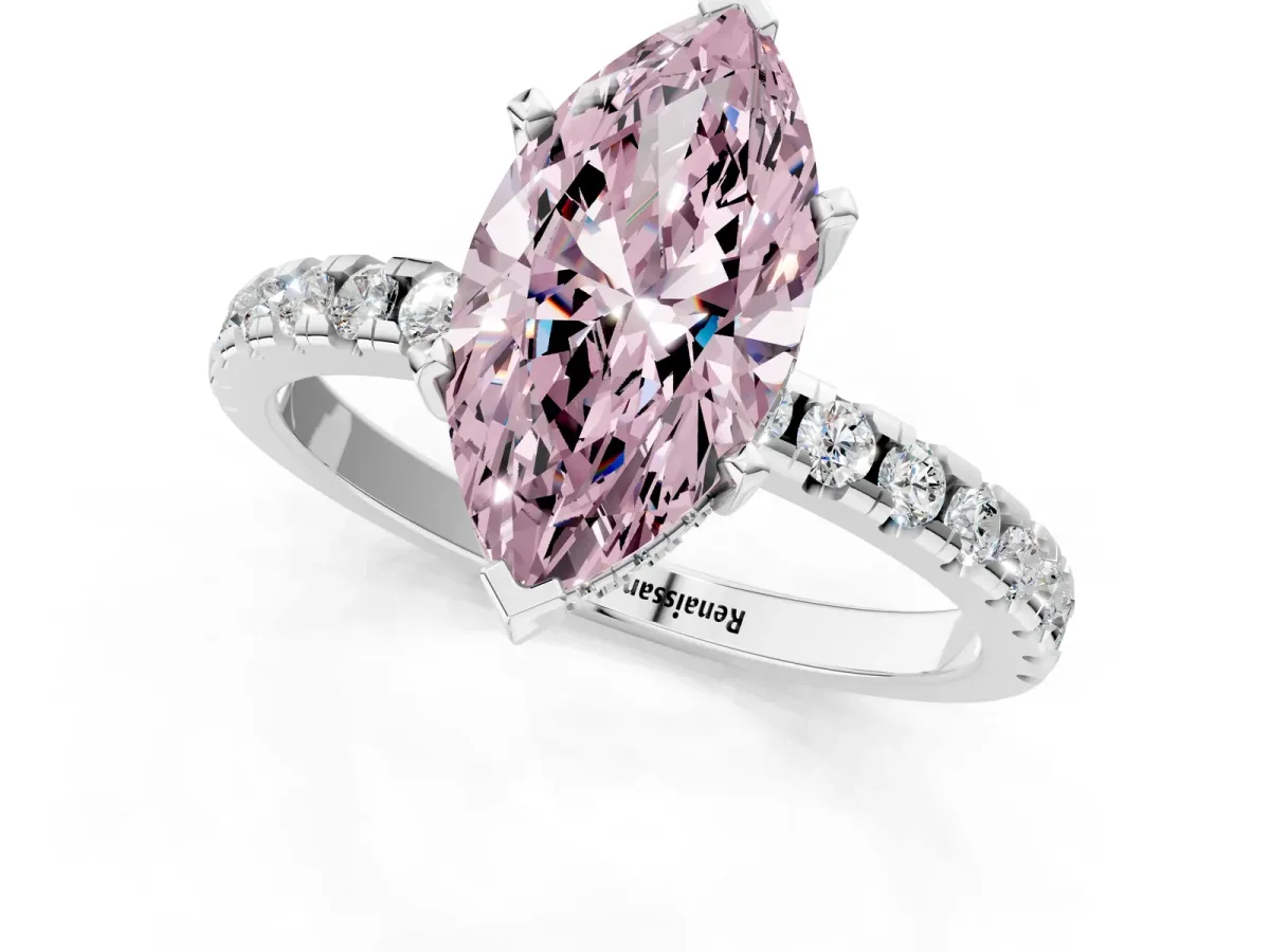 Fancy Pink Marquise Cut Diamond Solitaire Ring with Round Pavé Band and Four-Prong Setting Silver