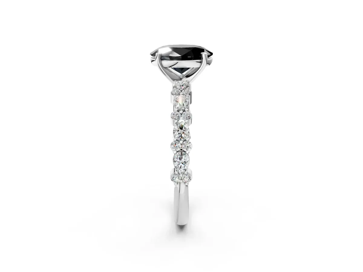 Fancy Black Oval Cut Diamond Side Stone Solitaire Ring with Round and Four-Prong Setting Platinum