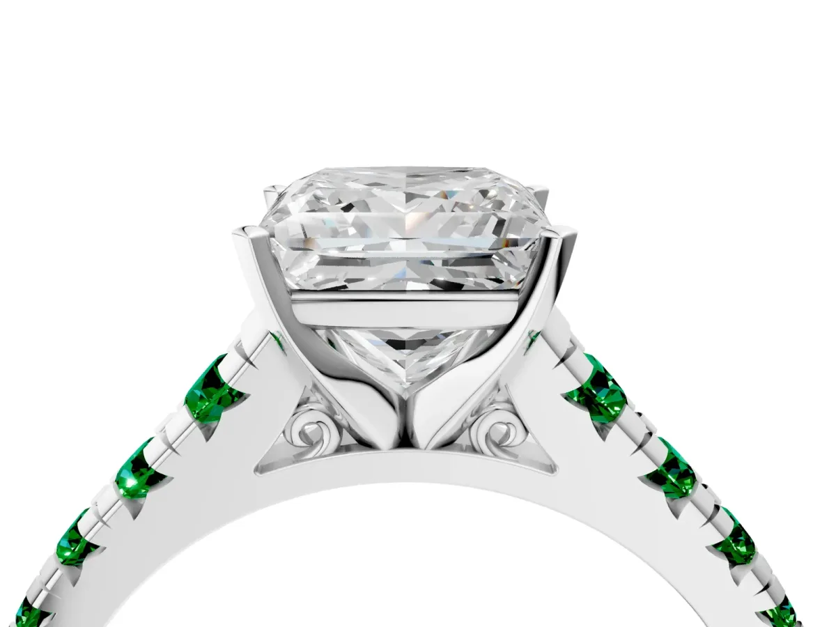 Princess Cut Diamond Cathedral Solitaire Ring with Round Emerald Pavé Band Platinum