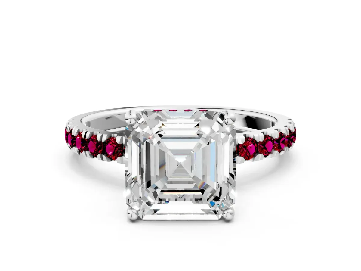 Asscher Cut Diamond Pave Band Solitaire Ring with Round Garnet and Prong Setting Platinum