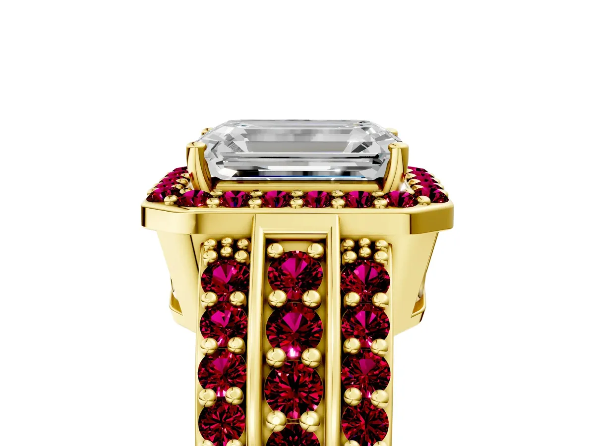 Emerald Cut Halo Diamond Ring with Round Garnet Split Shank and Prong Setting Yellow gold