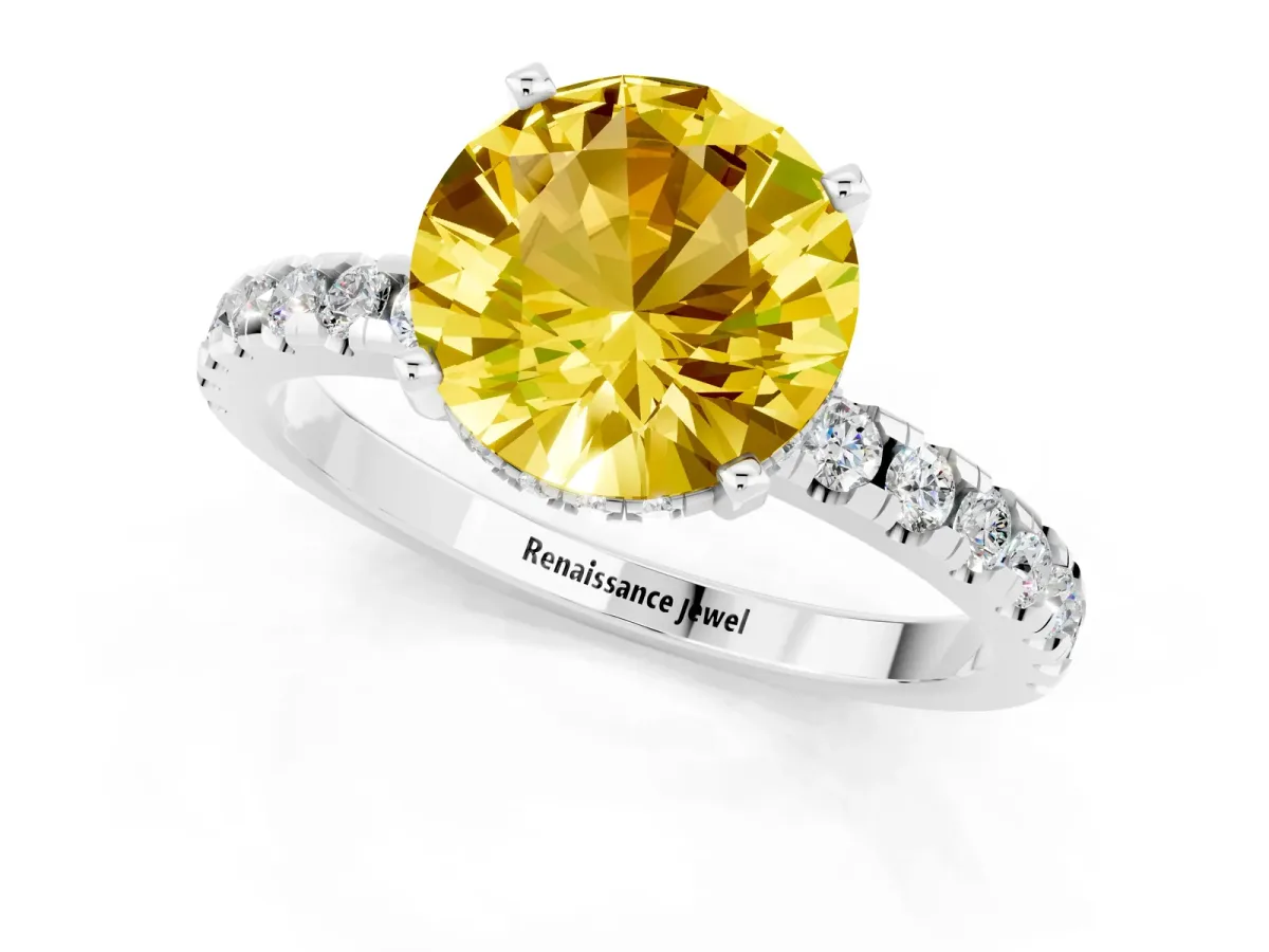Round Cut Yellow Sapphire Solitaire Ring with Round Pavé Band and Four-Prong Setting Platinum
