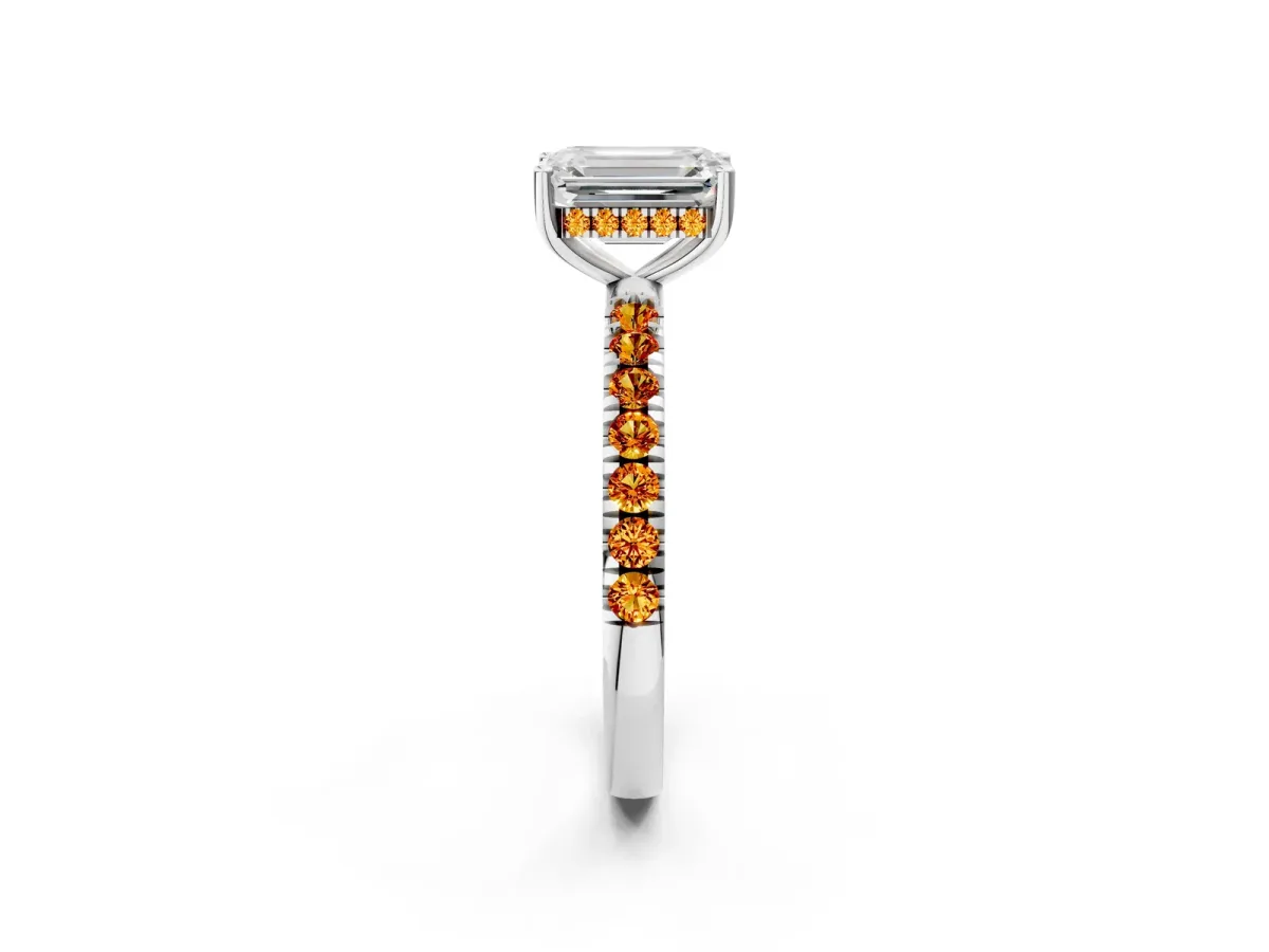 Emerald Cut Diamond Pave Band Solitaire Ring with Round Citrine and Prong Setting Platinum