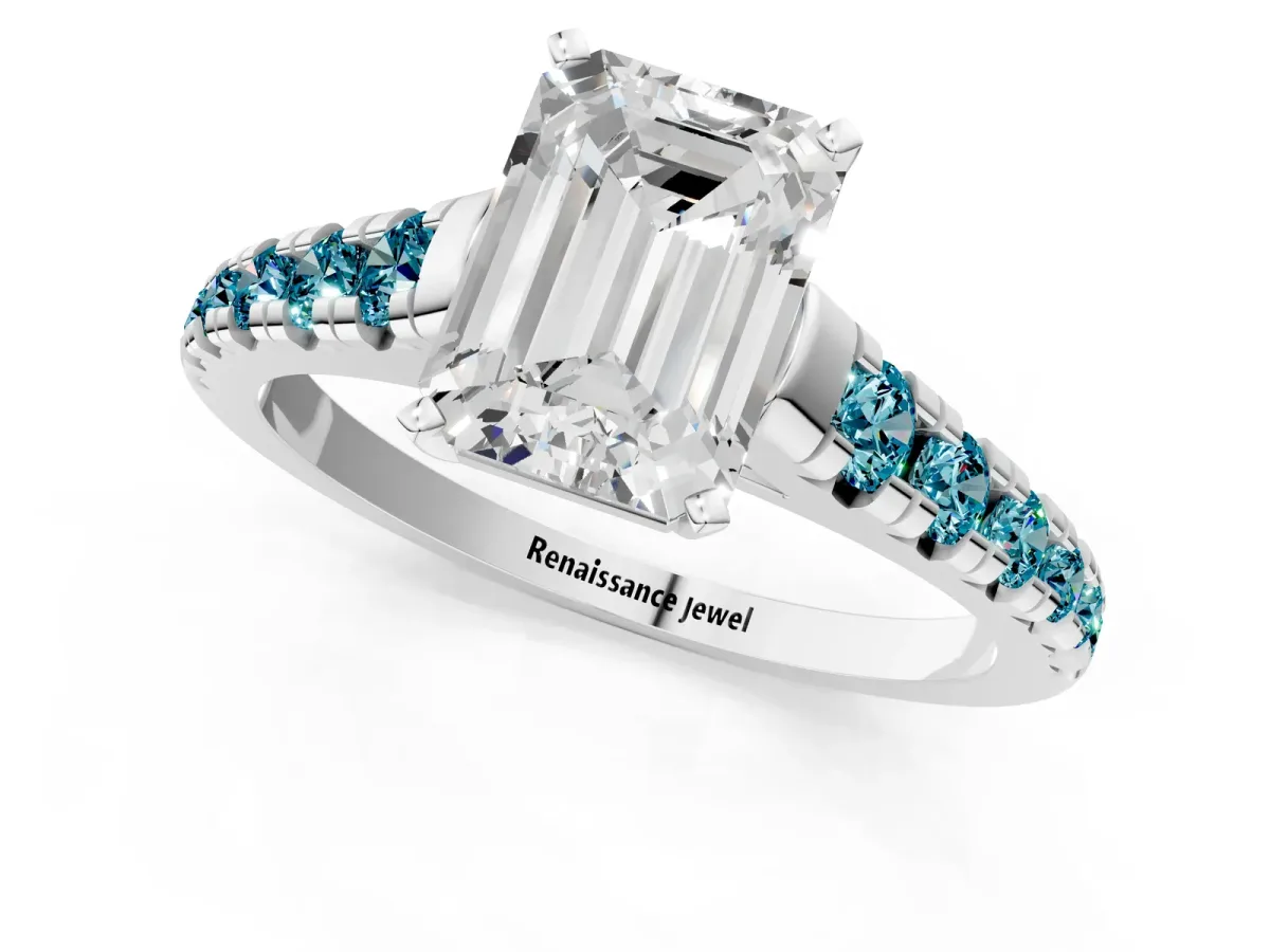 Emerald Cut Diamond Cathedral Solitaire Ring with Round Blue Topaz Pavé Band White gold