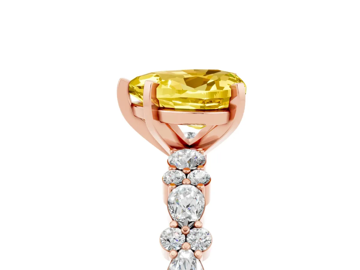 Heart Cut Yellow Sapphire Side Stone Solitaire Ring with Round and Four-Prong Setting Rose gold