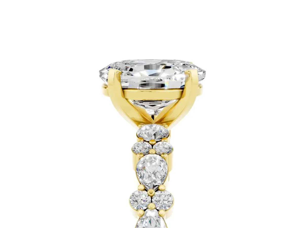 Oval Cut Moissanite Side Stone Solitaire Ring with Round and Four-Prong Setting Yellow gold