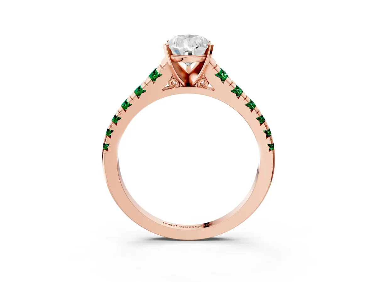 Pear Cut Diamond Cathedral Solitaire Ring with Round Emerald Pavé Band Rose gold