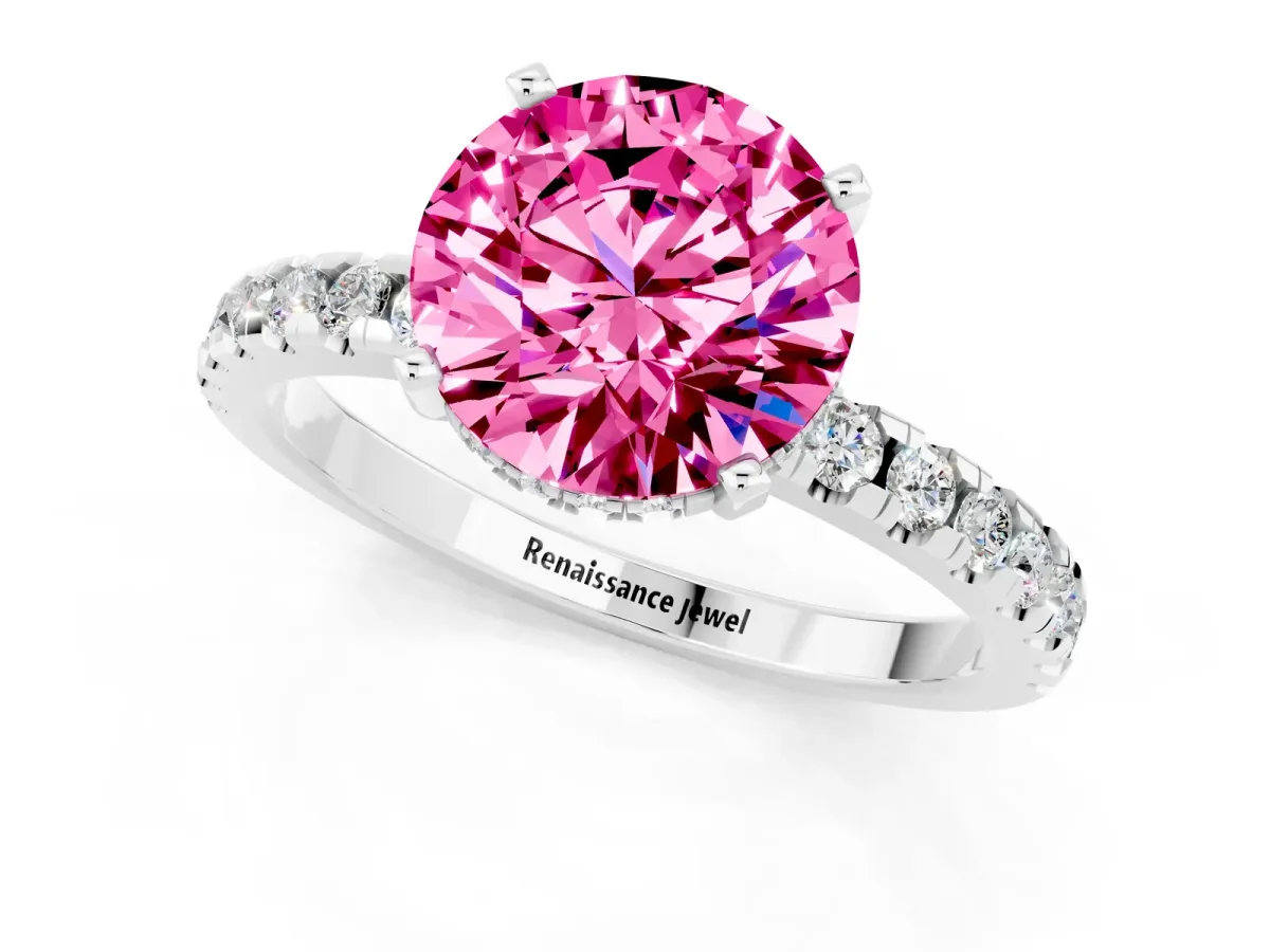 Round Cut Pink Sapphire Solitaire Ring with Round Pavé Band and Four-Prong Setting Platinum