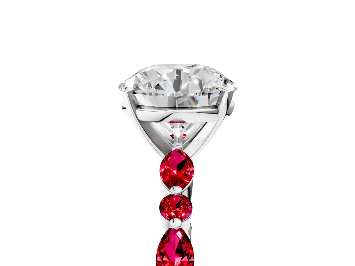 Round Cut Diamond Ring with Marquise and Round Ruby Side Stones and Four-Prong Setting White gold