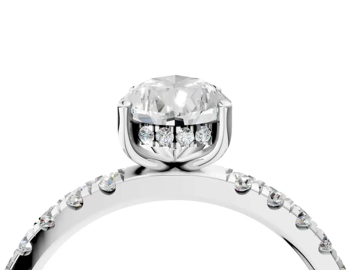 Pear Cut Diamond Pave Band Solitaire Ring with Round and Prong Setting White gold