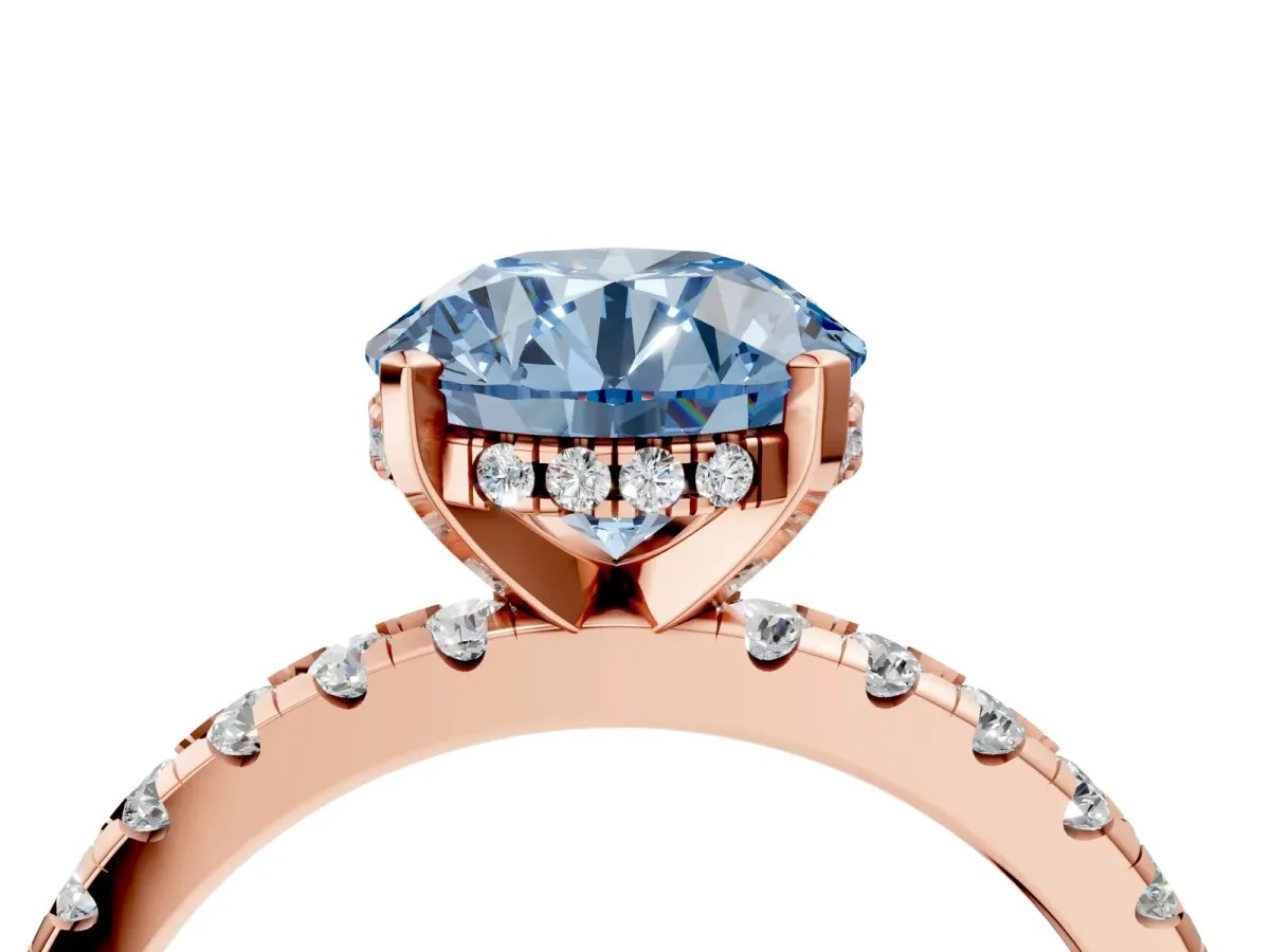 Fancy Blue Round Cut Diamond Solitaire Ring with Round Pavé Band and Four-Prong Setting Rose gold