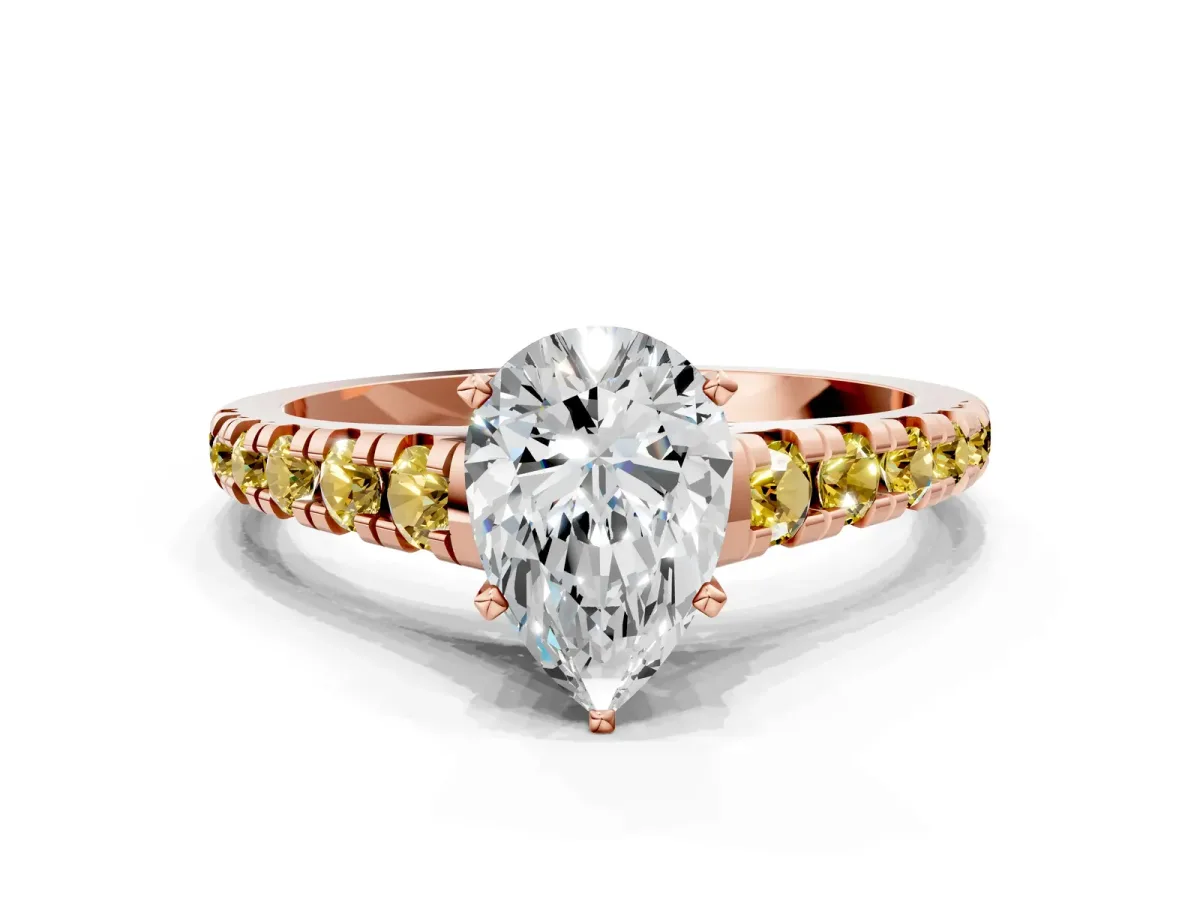 Pear Cut Diamond Cathedral Solitaire Ring with Round Yellow Sapphire Pavé Band Rose gold