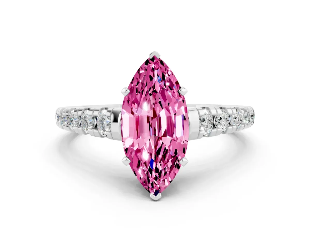 Marquise Cut Pink Sapphire Cathedral Solitaire Ring with Round Pavé Band Platinum