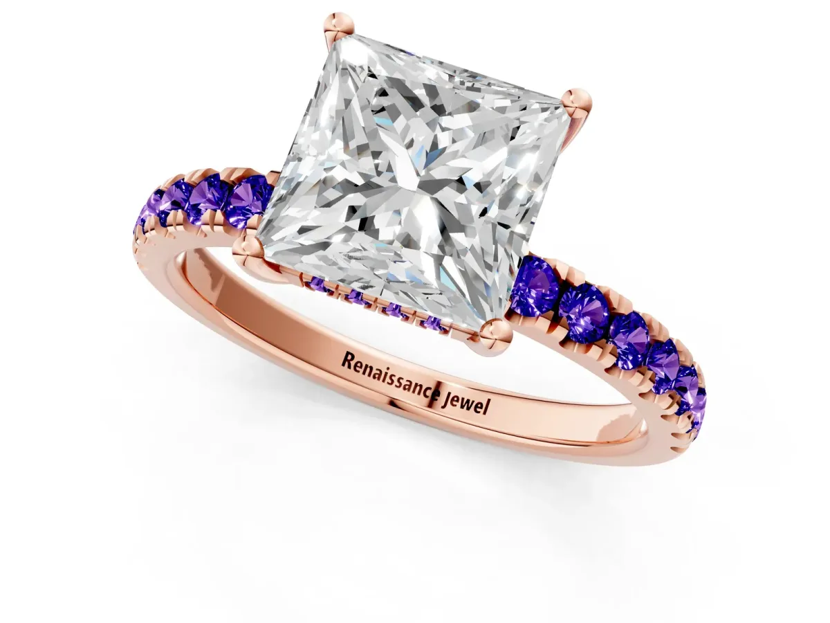 Princess Cut Diamond Pave Band Solitaire Ring with Round Tanzanite and Prong Setting Rose gold