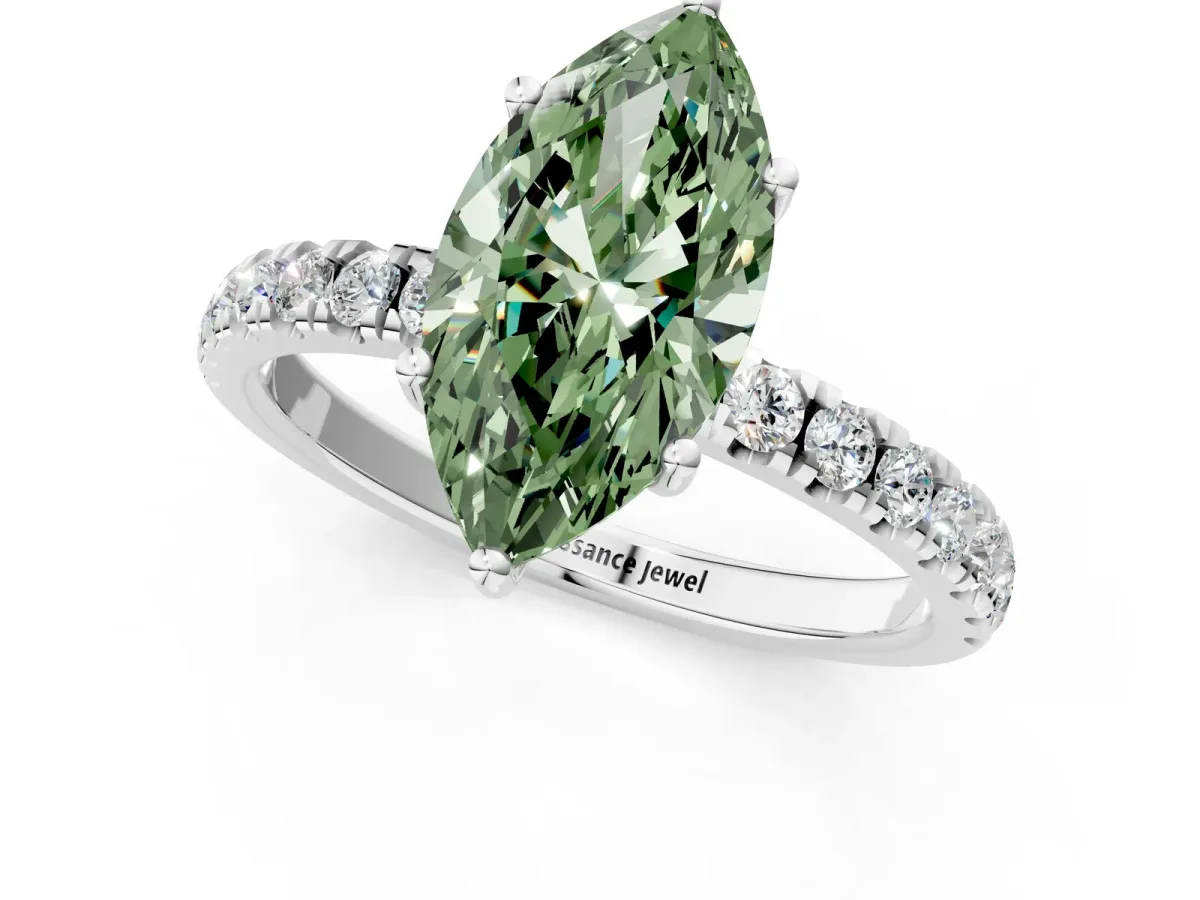 Fancy Green Marquise Cut Diamond Pave Band Solitaire Ring with Round and Prong Setting Silver