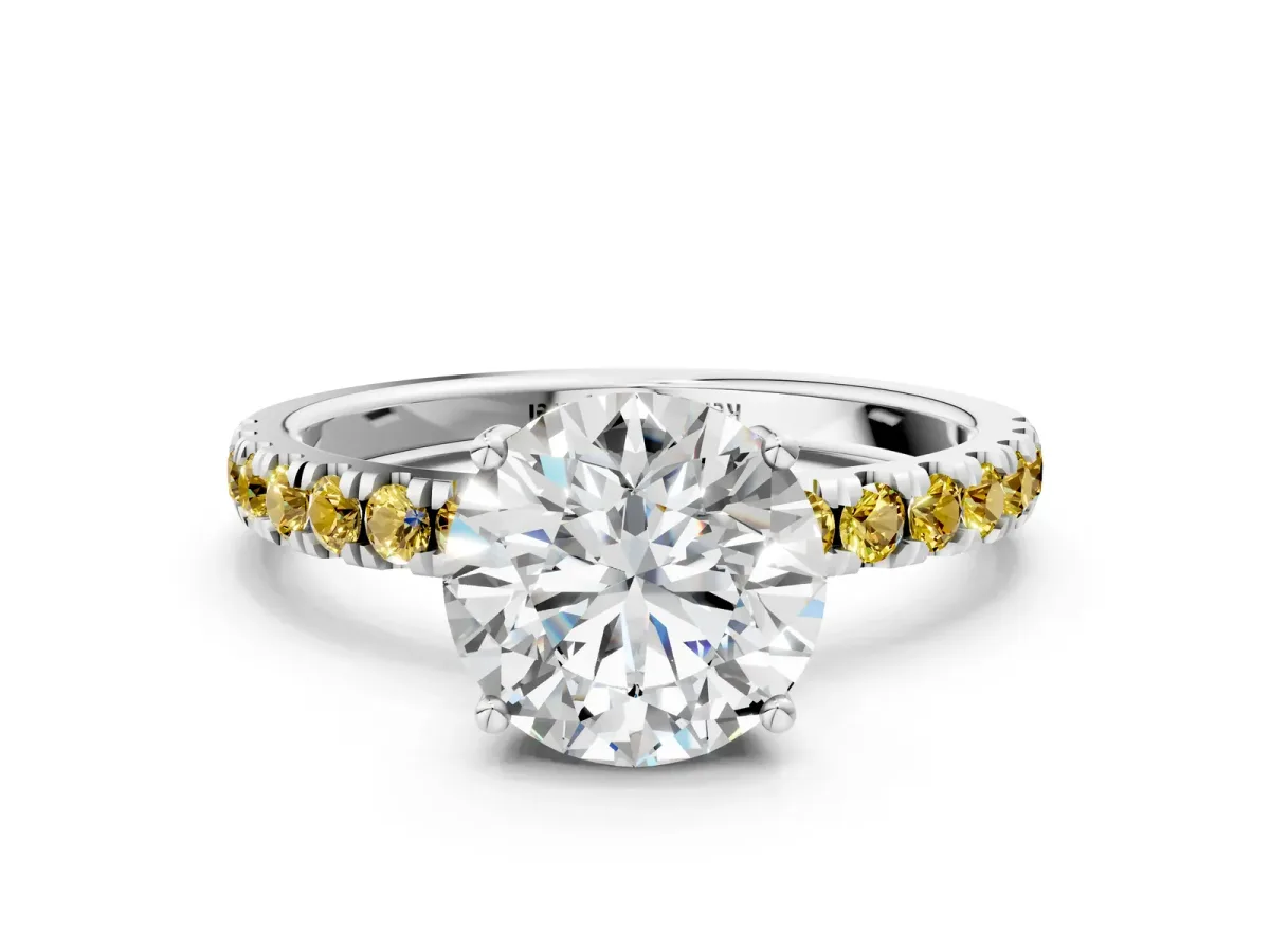 Round Cut Diamond Pave Band Solitaire Ring with Round Yellow Sapphire and Prong Setting Silver